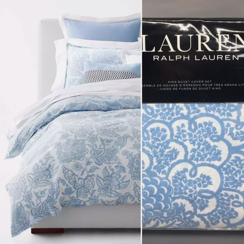 3pc Ralph Lauren Joanna Floral KING Duvet Cover Sham Set Cotton Blue White $385